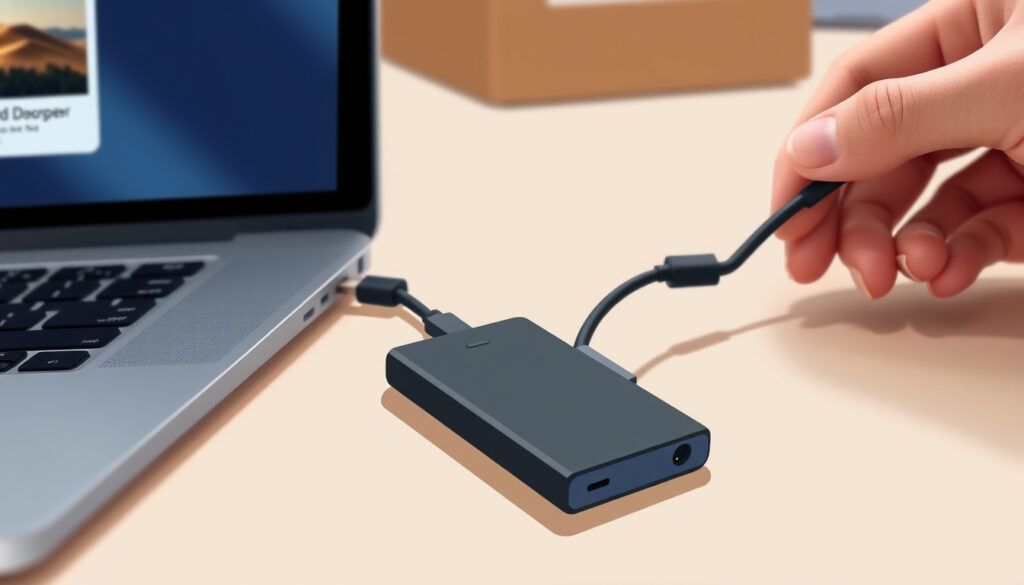 Taskukokoinen ulkoinen SSD-asema kytkettynä kaapelilla kannettavaan tietokoneeseen työpöydällä.